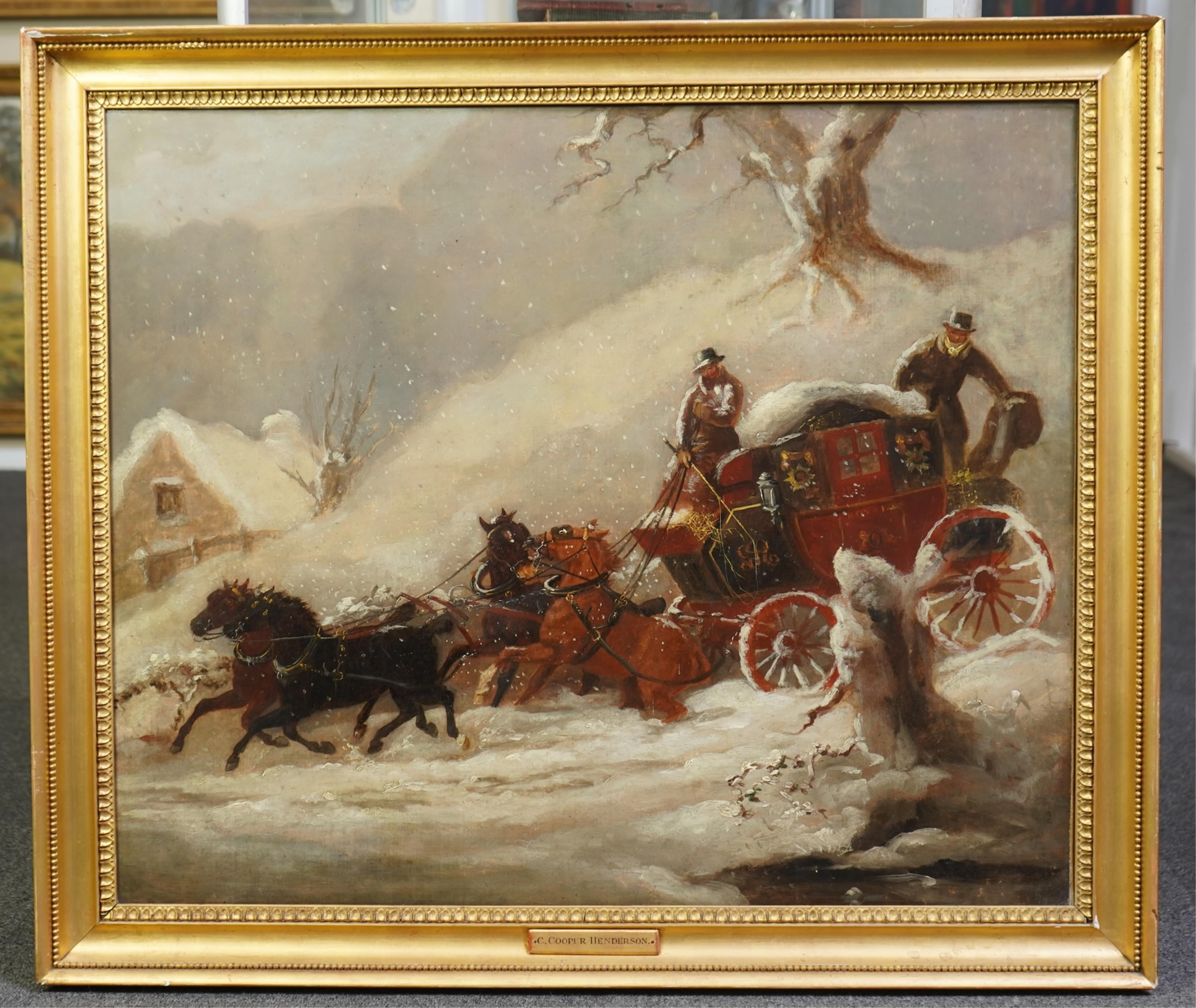Charles Cooper Henderson (1803-1877),Coaching scene in snow, unsigned, oil on canvas, 62cm x 75cm, Provenance: According to a handwritten label verso, this work was given by the artist to his friend and patron John Congr